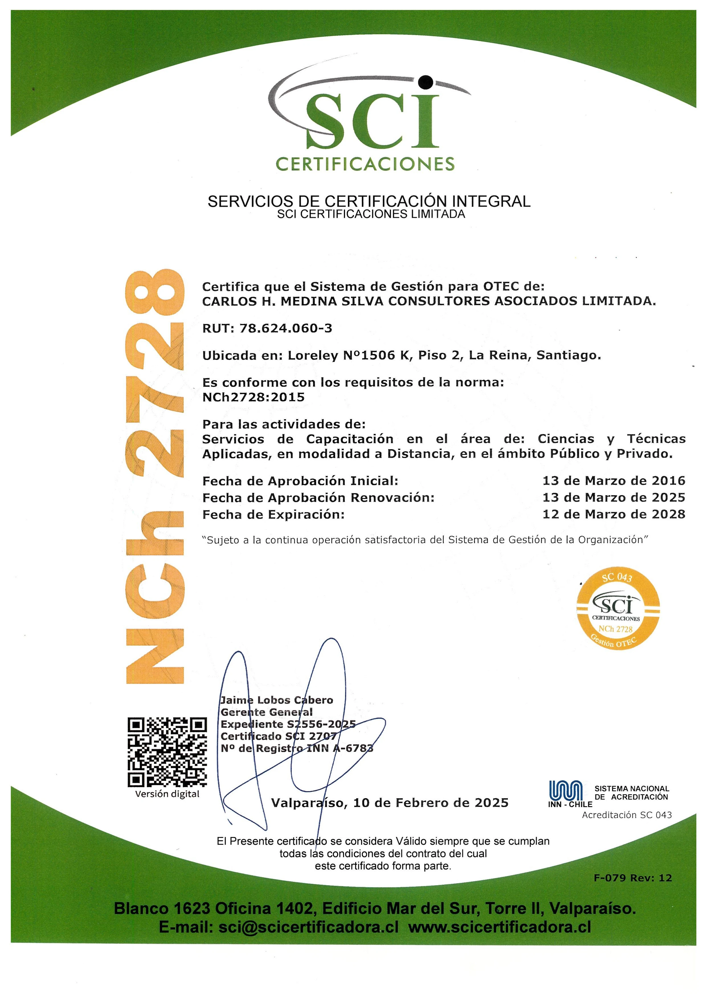 Certificado NCh 2728 CMS Consultores